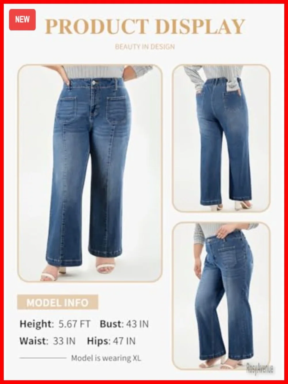 Plus Size Wide Leg Jeans Stretchy Denim Elastic Waist Side Pockets Daily Wear